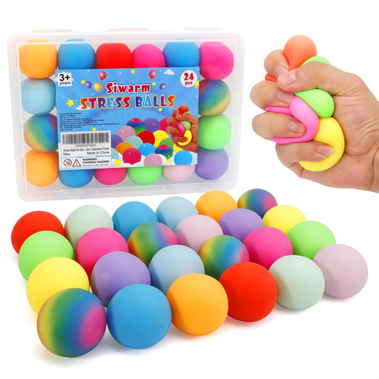 Siwarm 24-pack colorful stress balls in palm size for quick desk relief.