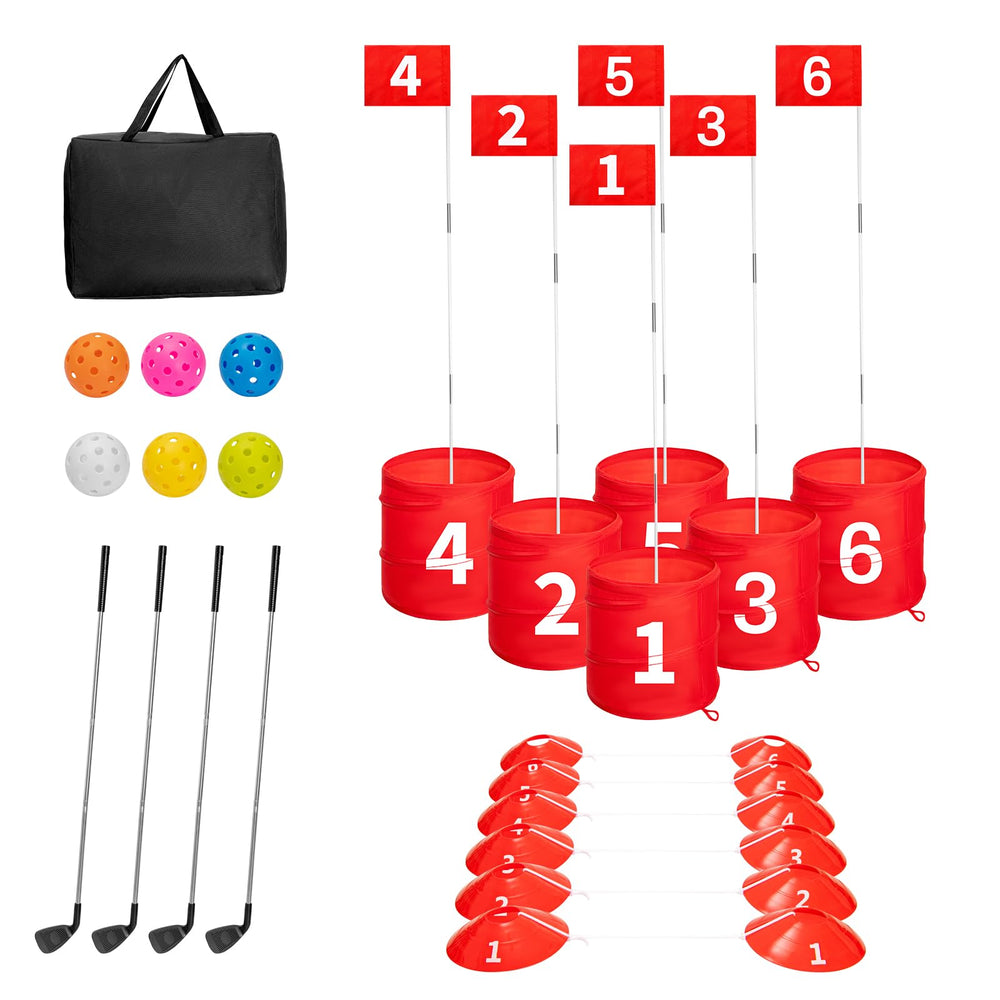 SJEhome 6-hole backyard golf set ready for play in a sunny yard