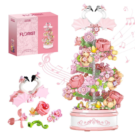 SJIADA Flowers Music Box Kit with 713 pieces forming a bouquet and rotating base.