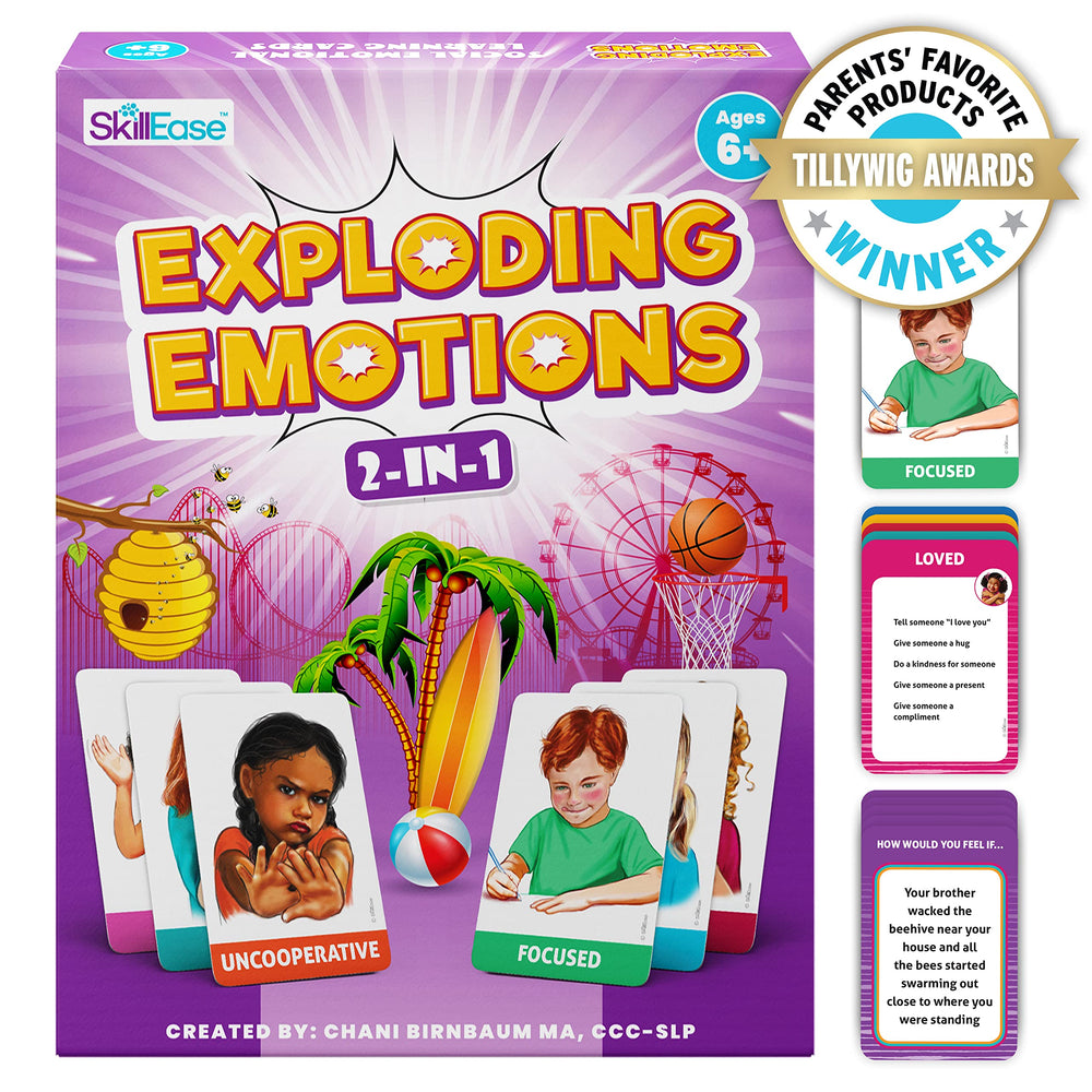 SkillEase Exploding Emotions cards front with expressive faces to help kids recognize emotions.