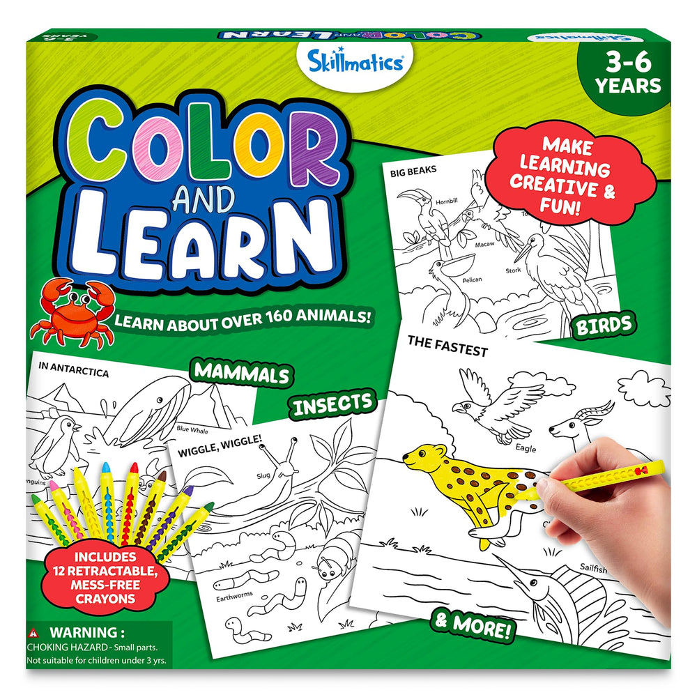 Skillmatics coloring book cover with animal illustrations and bright colors