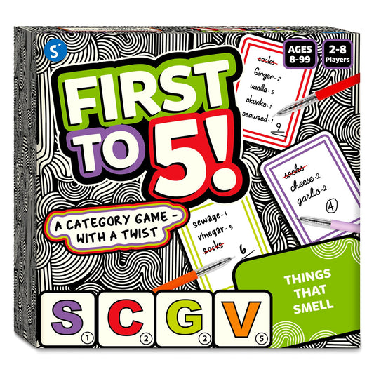 Skillmatics First to 5 box content featuring category cards and letter cards for fast, fun word creation.