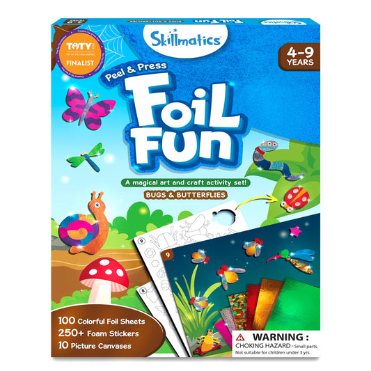 Skillmatics Foil Fun Bugs and Butterflies kit showcases vibrant bug designs for mess-free art.