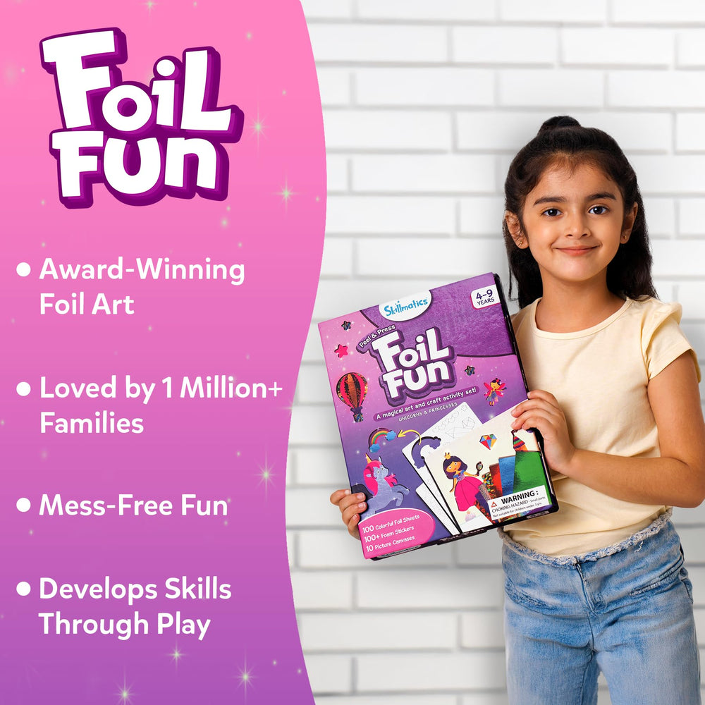 Skillmatics Foil Fun foam stickers add colorful accents to kids' crafts