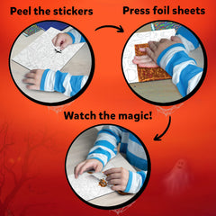 Foil being peeled to reveal shiny designs in Skillmatics Foil Fun Halloween