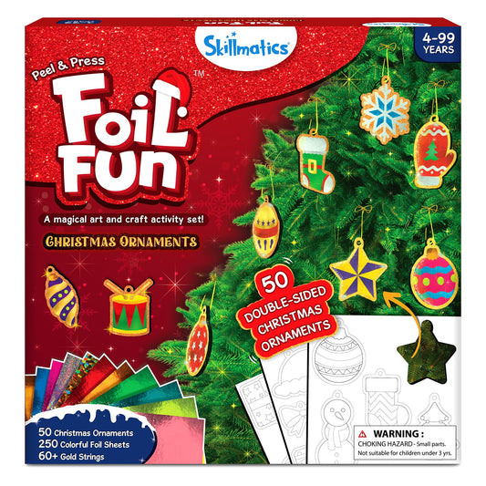 Skillmatics Foil Fun ornaments pack for vibrant, mess-free holiday decorating.