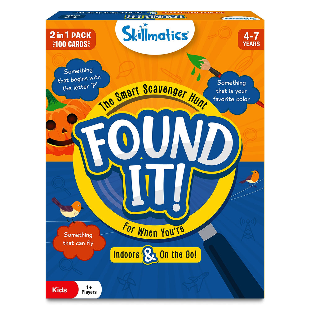 Skillmatics Found It game cover with colorful cards for family play.