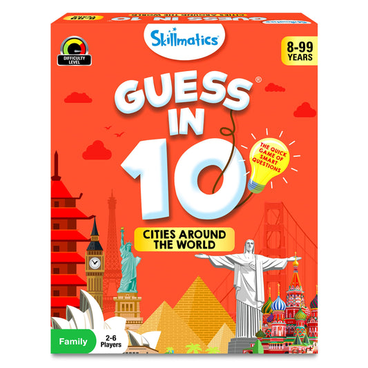 Skillmatics Guess in 10 Cities travel box ready for travel fun, perfect for family game nights.