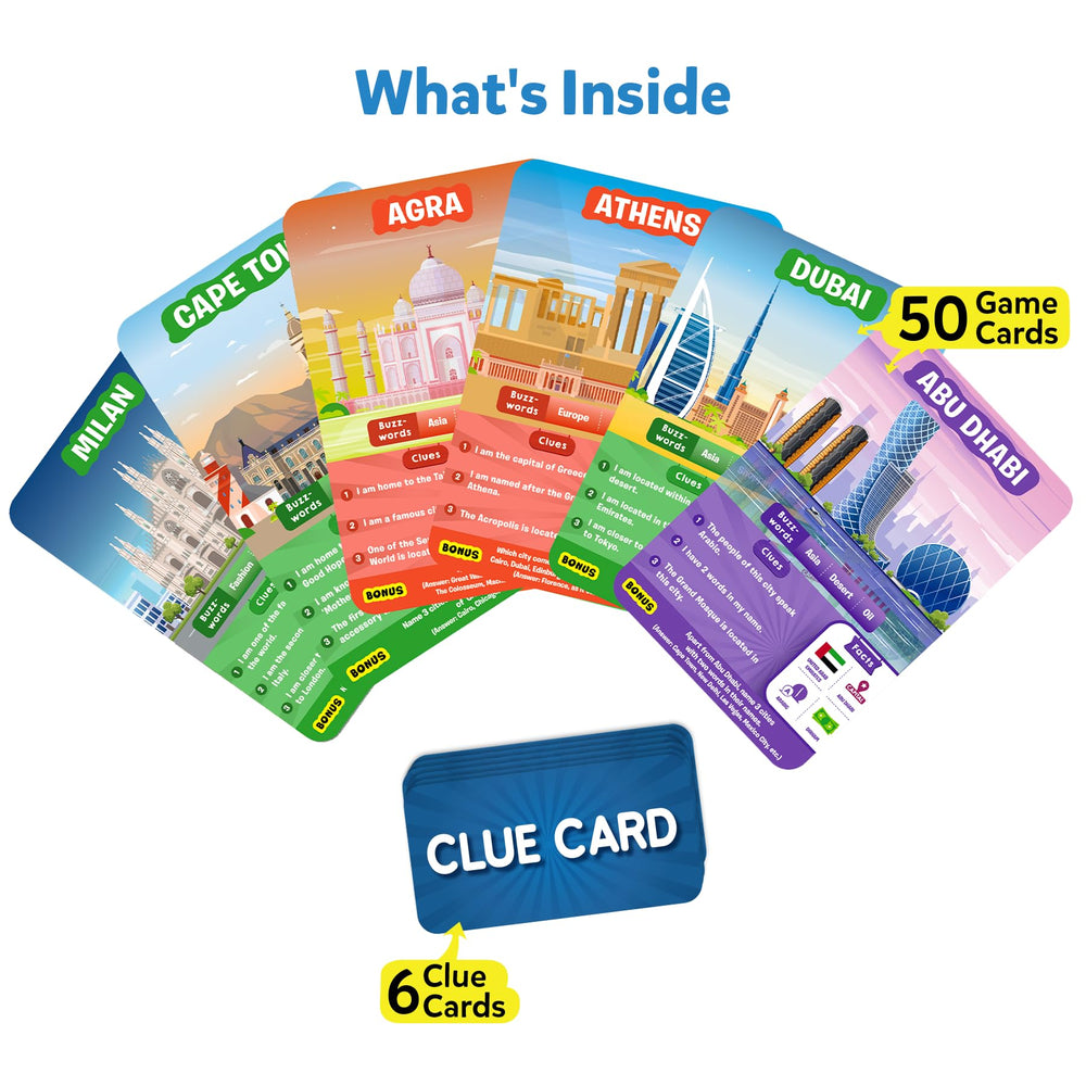 Skillmatics Guess in 10 Cities game cards spread, boosts geography knowledge and strategy.