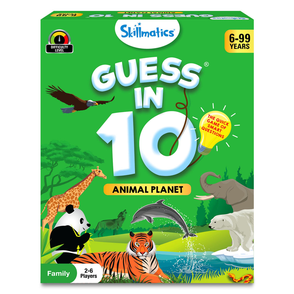 Skillmatics Guess in 10 Animal Planet game card close-up with vivid clues for quick guessing