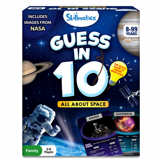 Skillmatics Guess in 10 NASA Space box cover, ideal for family game nights.