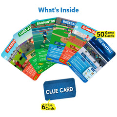 Skillmatics Guess in 10 Sports clue cards shown for smarter questioning during play.