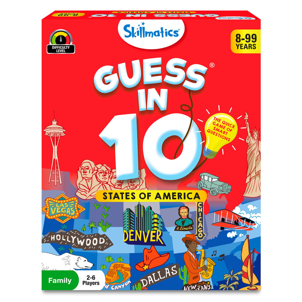 Skillmatics Guess in 10 States game cards for geography learning during family game night
