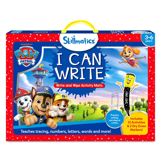 Skillmatics I Can Write PAW Patrol mats cover scene for engaging handwriting practice.