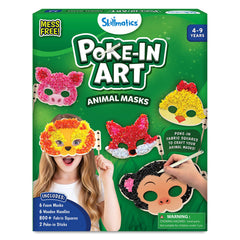 Skillmatics Poke-in Art animal masks kit with colorful fabric squares for mess-free creativity.