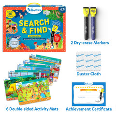 Skillmatics Search and Find Megapack dry-erase pens enable reusable practice on mats.