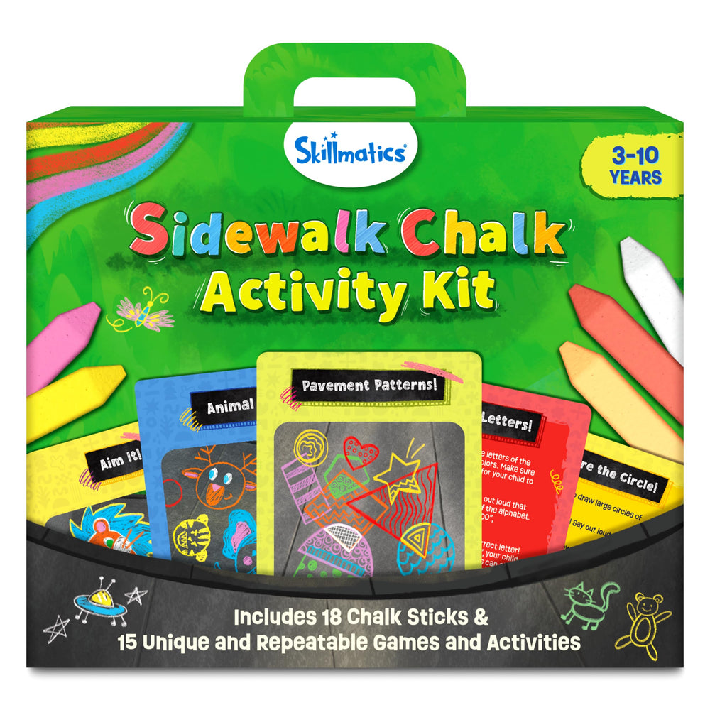 Skillmatics sidewalk chalk kit with 18 sticks for bright outdoor art projects.