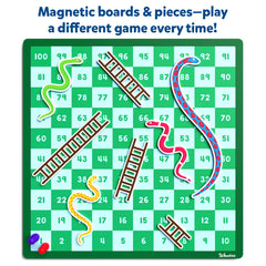 Skillmatics Snakes & Ladders pawns stay secure on the magnetic board during travel
