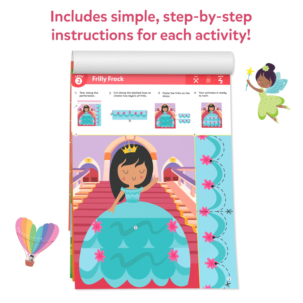 Skillmatics Snip Snip Unicorns & Princesses progressive patterns page guides lines to shapes with growing confidence