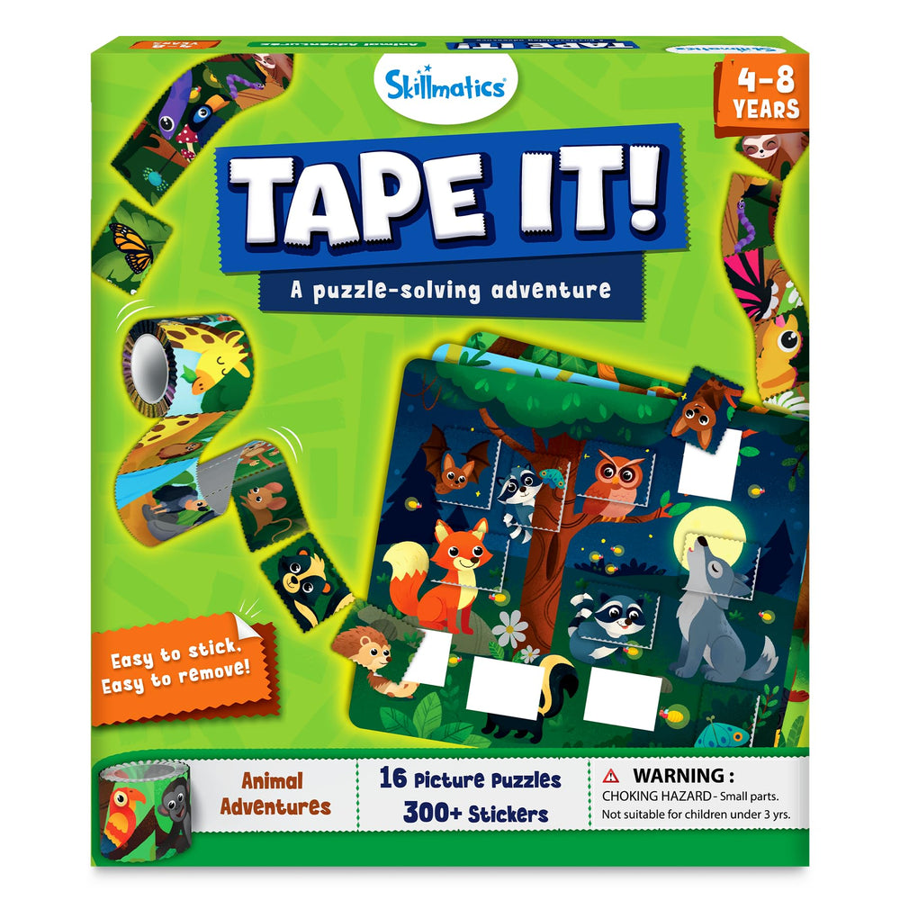 Skillmatics Tape It animal puzzle board for hands-on play and problem solving.