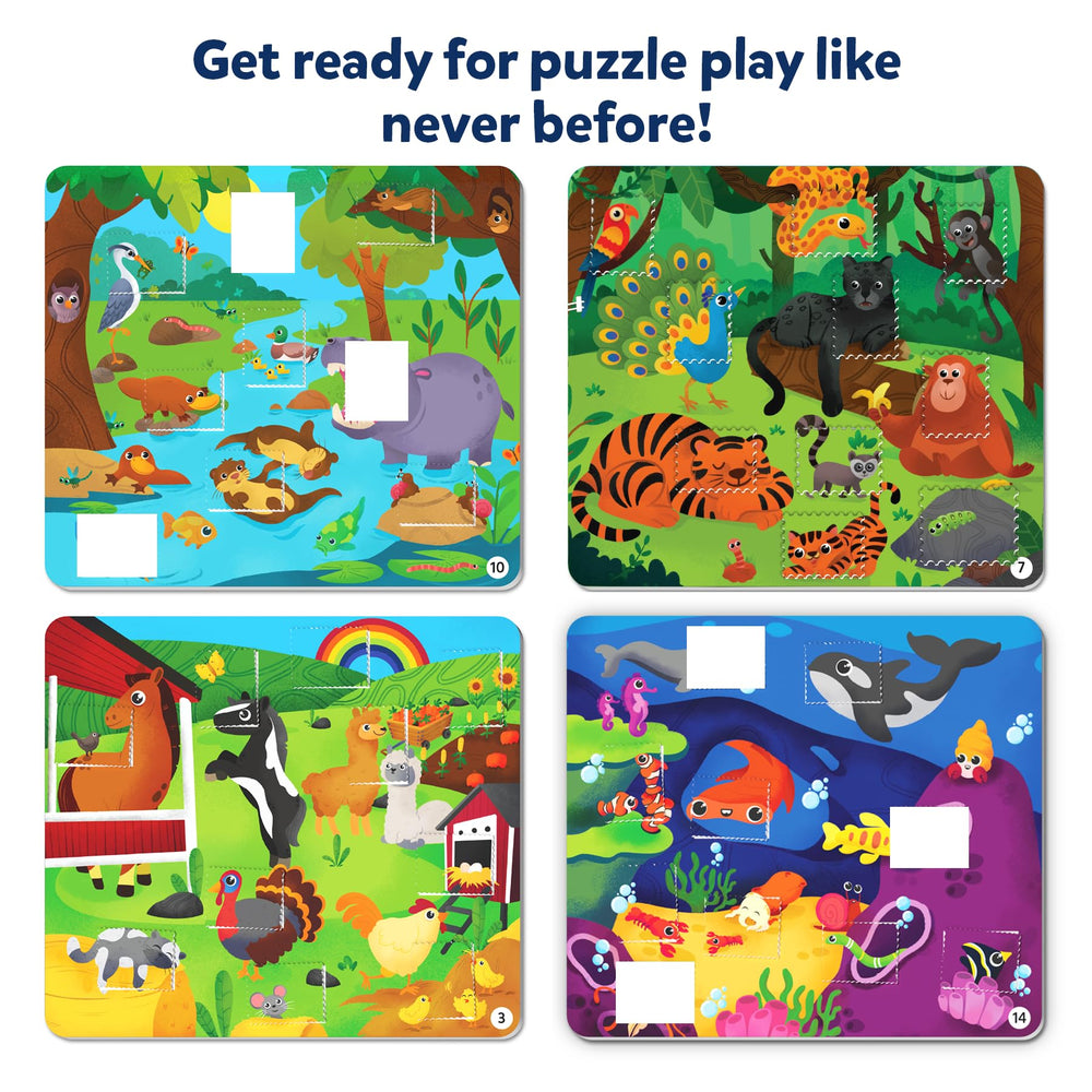 Skillmatics Tape It double-sided boards showing 16 animal scenes.