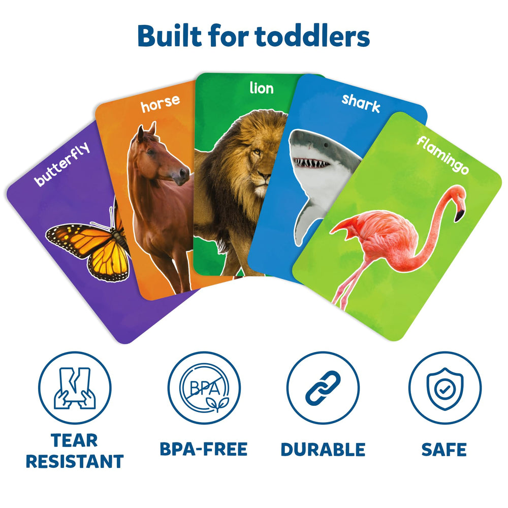 Skillmatics Thick Flash Cards depict farm animals for relatable exploration.