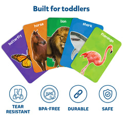 Skillmatics Thick Flash Cards depict farm animals for relatable exploration.