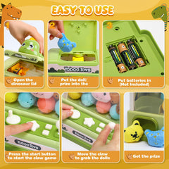Skirfy mini prizes array shows plush toys and glow dinosaurs for excitement