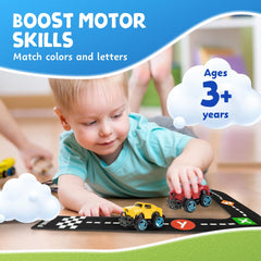 Skoolzy Alphabet Cars and felt tracks for hands-on word building activities.