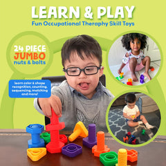 Skoolzy jumbo nuts and bolts colorful pieces aid color and shape recognition.