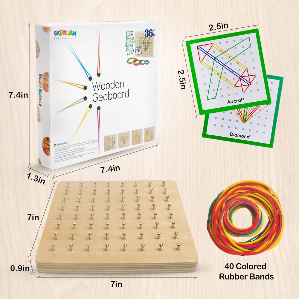 Skrtuan geoboard with pattern cards demonstrates shape creation possibilities.