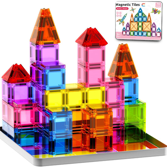SKTMYY mini magnetic tiles travel box showing 78-piece set for on-the-go creativity