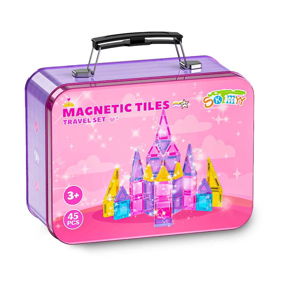 SKTMYY travel magnetic tiles pink iron case for on-the-go creative play.