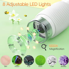 Eight adjustable LEDs illuminate tiny samples for sharp detail.