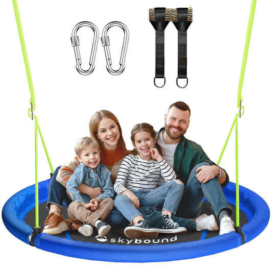 SkyBound 43-inch saucer swing assembled in backyard for family fun