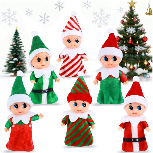 Skylety 6-piece Christmas elf miniatures for festive decor and stocking stuffers.
