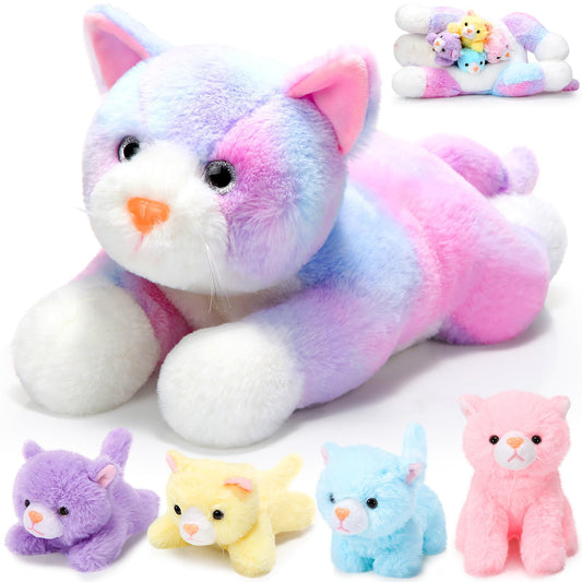 Skylety mommy cat plush with belly pocket for cozy hugs and play