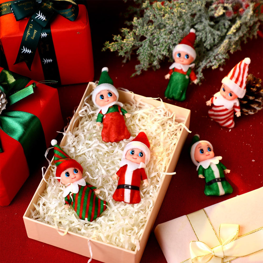 Skylety elf miniatures brighten Christmas tree decorations.