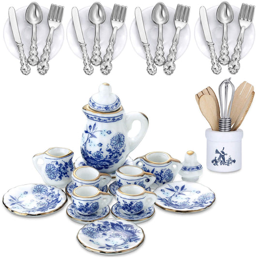 Skylety dollhouse plates and cutlery set in blue porcelain for realistic dining scenes.