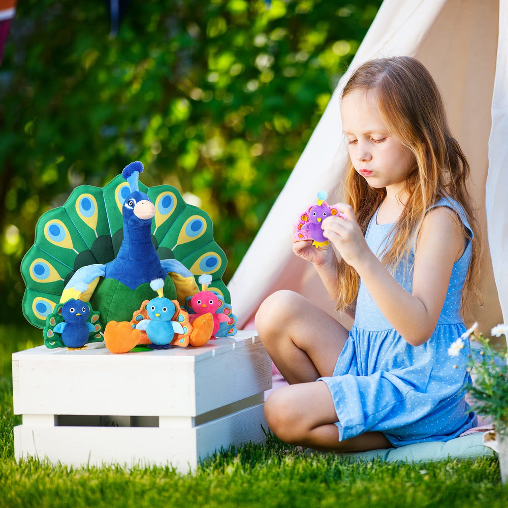 Skylety kids play scene with peacock plush encouraging imaginative games