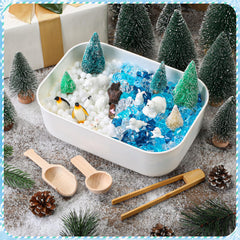 Skylety winter sensory bin Christmas trees—colorful mini trees spark pretend adventures.
