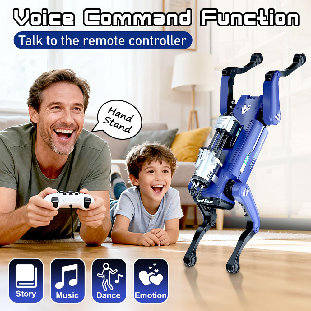 Robot dog features a 25-meter remote range for spacious indoor play.