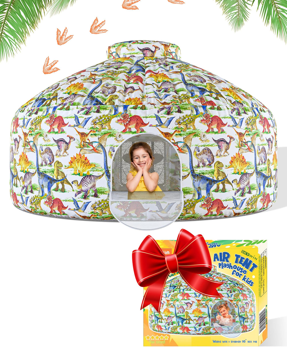 Skywin Dino Dome Dig inflates quickly for instant indoor fort setup