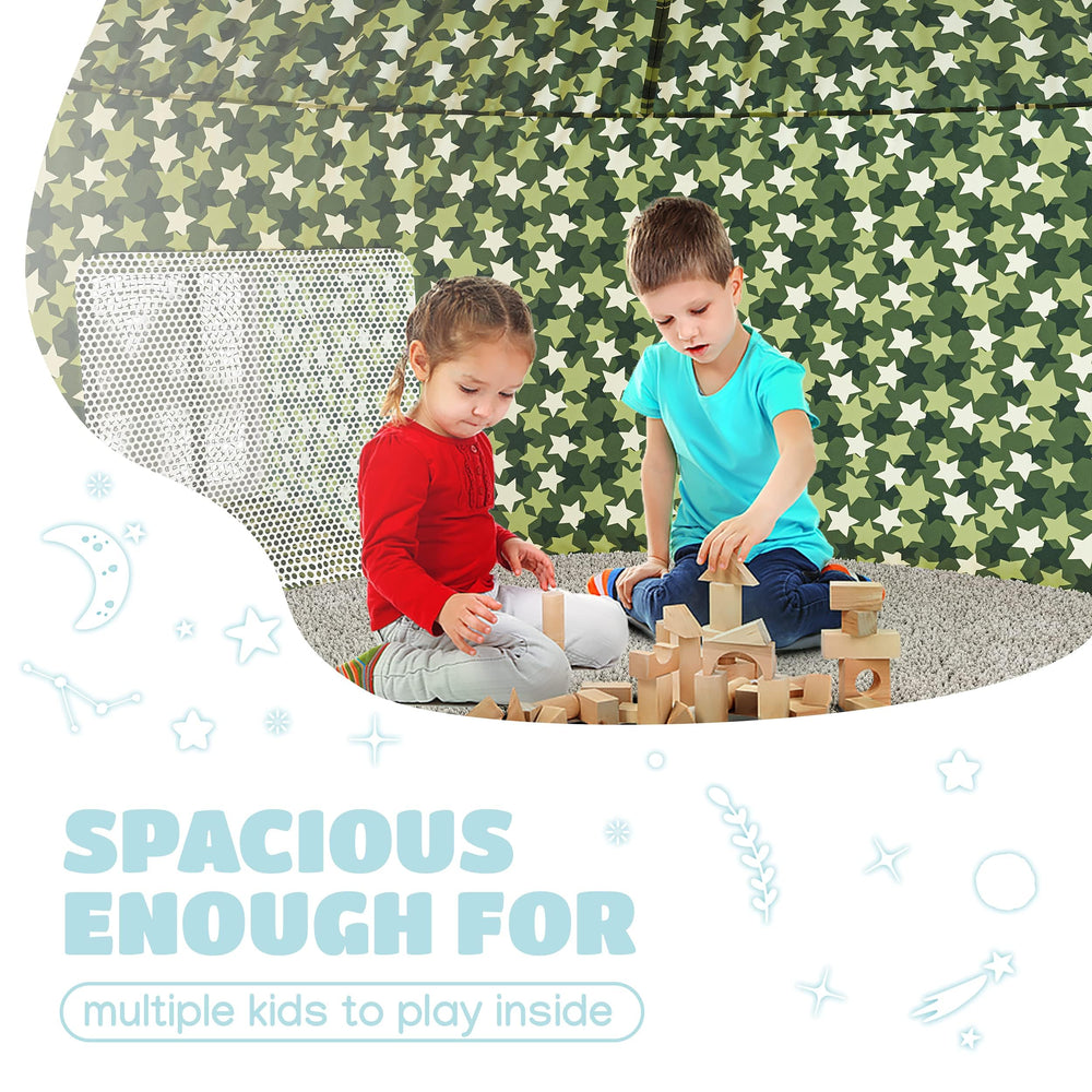 Skywin Forest Fort angle-shot showcases 77 by 50 space for multiple kids.