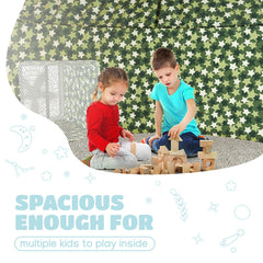 Skywin Forest Fort angle-shot showcases 77 by 50 space for multiple kids.