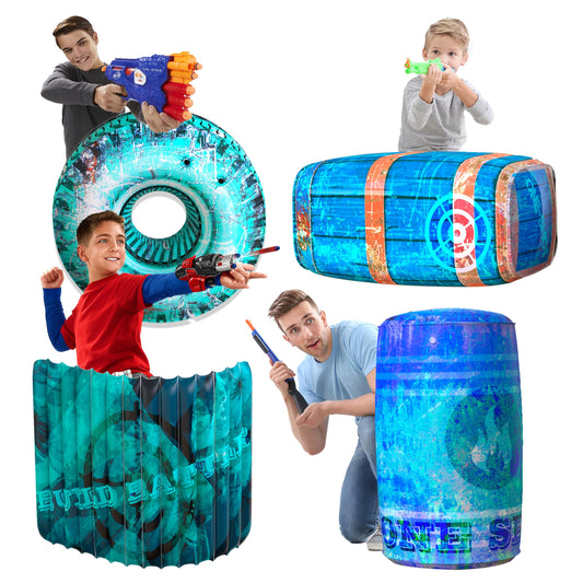 Skywin inflatable battle bunkers four-piece blue set for quick setup and flexible laser tag scenarios.