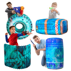 Skywin inflatable battle bunkers four-piece blue set for quick setup and flexible laser tag scenarios.