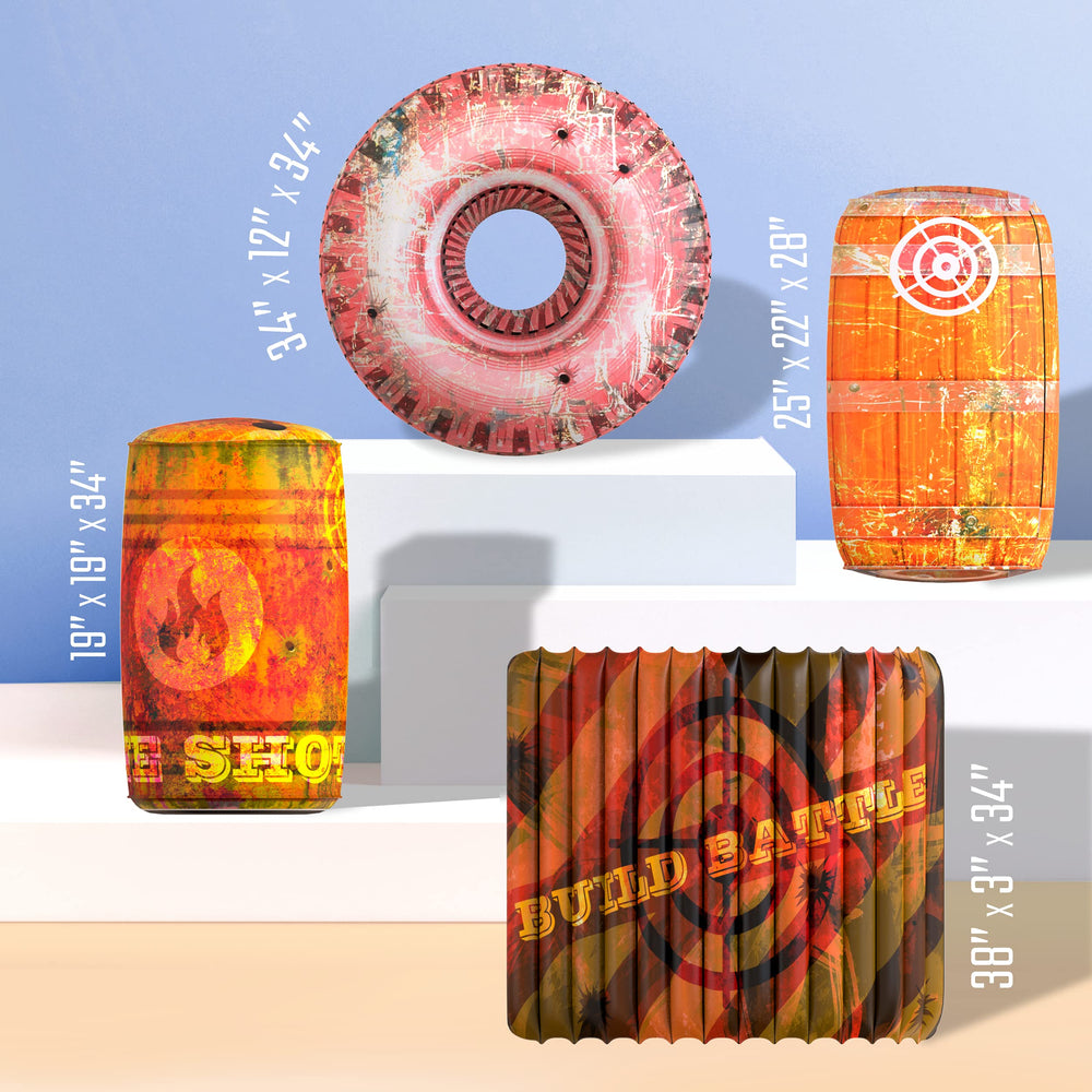 Skywin inflatable bunkers side view shows 4-piece orange set