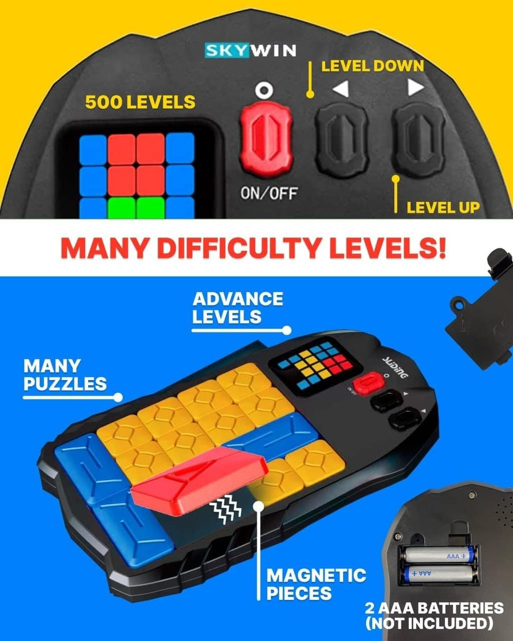 Skywin Klotski Supper Slide illuminated display shows puzzle goals clearly.