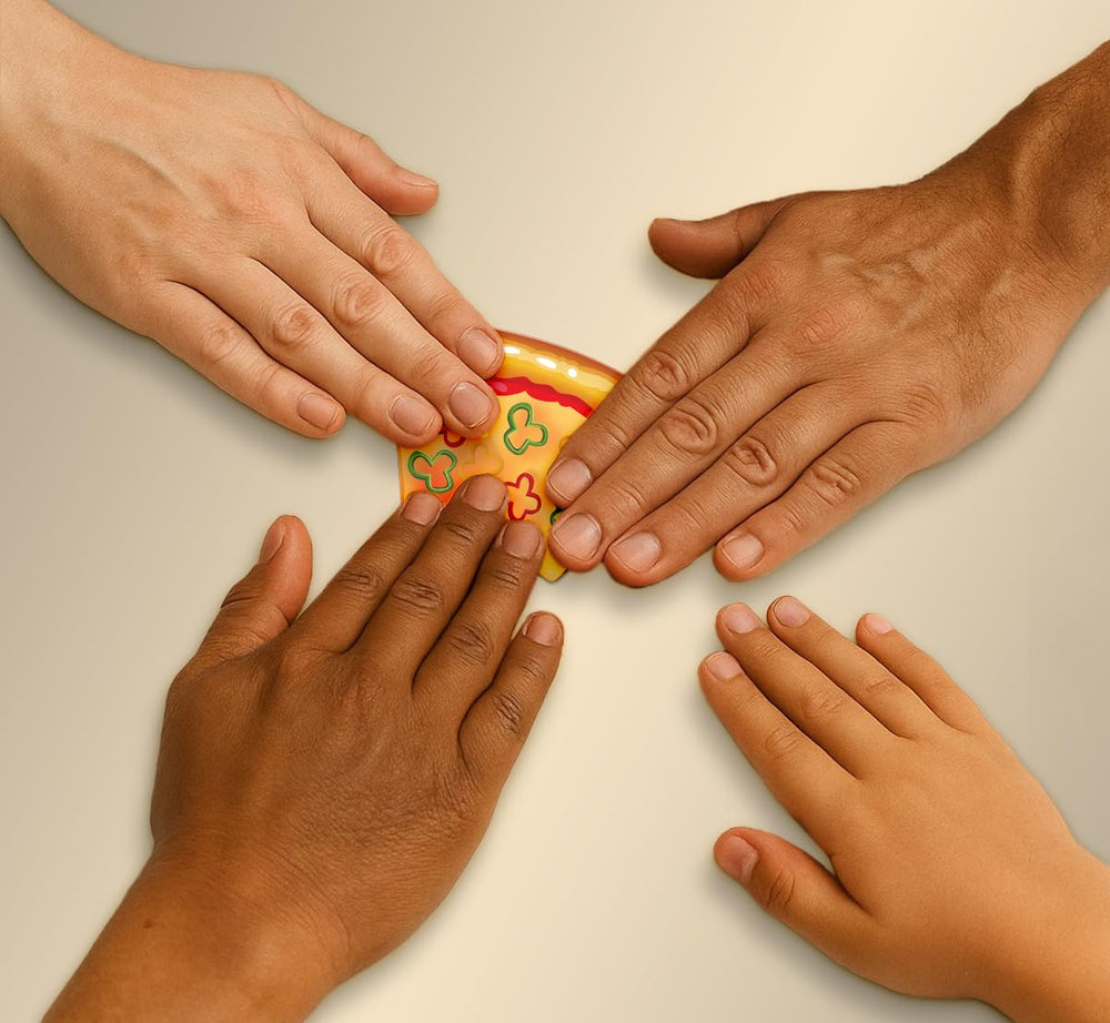 Slice pizza card game family laughter and lively interaction throughout rounds.